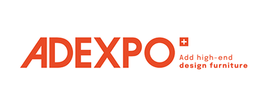 Adexpo GmbH Logo mit dem Schriftzug 'ADEXPO' in orange und kleinem Pluszeichen, daneben der Text 'Add high-end design furniture' in orange.