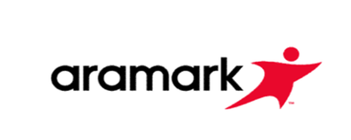 Aramark GmbH Schwarze Schrift 'aramark' mit rotem stilisiertem menschlichen Symbol rechts daneben.