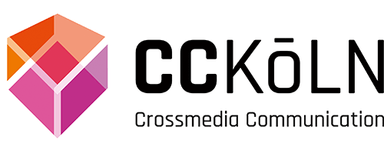 CCKöln, Gesellschaft für crossmediale Kommunikation mbH Farbige, dreidimensionale Würfelform aus orange, rosa und lila neben dem Text 'ccköln Crossmedia Communication'.