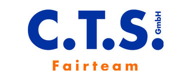 C.T.S GmbH Logo mit den blauen Buchstaben 'C.T.S.' und dem senkrecht stehenden Schriftzug 'GmbH' rechts daneben, darunter in oranger Schrift 'Fairteam'.