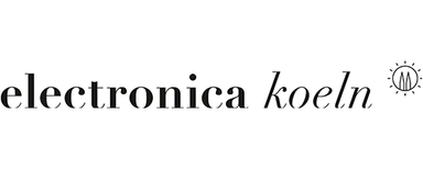 Electronica GmbH Schriftzug 'electronica koeln' in schwarzer Serifenschrift, rechts daneben ein stilisiertes, rundes Symbol mit Linien und Punkten.