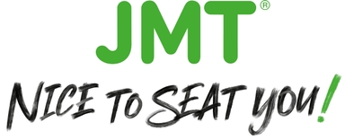 JMT DEUTSCHLAND GMBH Grünes Logo mit den Buchstaben 'JMT' und darunter der Schriftzug 'NICE TO SEAT you!' in schwarzer, handschriftlicher Schrift mit grünem Ausrufezeichen.