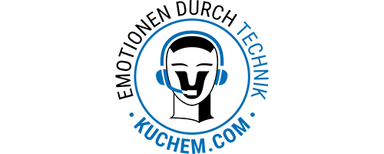 Kuchem Konferenz Technik GmbH & Co. KG Schwarz-weiße stilisierte Kopfzeichnung mit blauem Headset, umgeben von Text 'Emotionen durch Technik' und 'kuchem.com'.