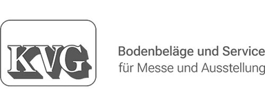 DV Kunststoff-Vertriebs-GmbH & Co. KG Logo mit den Buchstaben 'KVG' in einem abgerundeten Rechteck, daneben Text 'Bodenbeläge und Service für Messe und Ausstellung'.