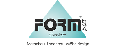Form Art GmbH Türkisfarbenes Dreieck mit dem schwarzen Schriftzug 'FORM GmbH' und kleinem stilisiertem Menschen, darunter der Text 'Montage, Industrie, Möbelbau'.