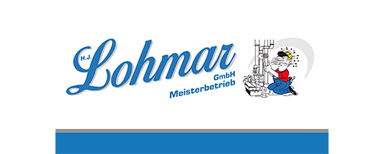 H. J. Lohmar GmbH Logo mit dem Schriftzug 'H.J. Lohmar GmbH Meisterbetrieb' in blauer Schreibschrift und einer kleinen Zeichnung eines Handwerkers mit Helm und Werkzeug.