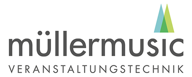 müllermusic Veranstaltungstechnik GmbH & Co. KG Logo mit dem Schriftzug 'müllermusic' in Kleinbuchstaben und dem Wort 'VERANSTALTUNGSTECHNIK' in Großbuchstaben darunter, rechts oben drei grüne Dreiecke in unterschiedlicher Größe.