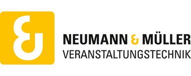 Neumann & Müller GmbH & Co. KG Gelbes Quadrat mit weißem stilisiertem Buchstaben "N" und "M" kombiniert, daneben der Text 'NEUMANN & MÜLLER VERANSTALTUNGSTECHNIK' in Großbuchstaben.