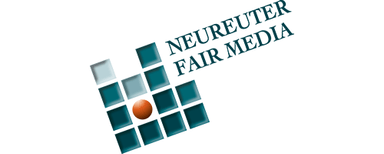 NEUREUTER FAIR MEDIA GmbH Logo mit mehreren quadratischen Feldern in Blau- und Grautönen, eines orangefarben, daneben der Text 'NEUREUTER FAIR MEDIA' in Großbuchstaben, schräg angeordnet.