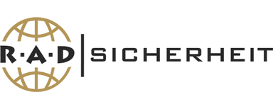 RAD Sicherheit GmbH Goldfarbenes Globussymbol mit den Buchstaben 'R A D' in Schwarz, daneben schwarzer Schriftzug 'SICHERHEIT'.