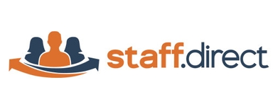 Staff Direct GmbH Drei stilisierte Personenfiguren in Orange und Dunkelblau mit zwei Pfeilen darunter, daneben der Schriftzug 'staff.direct' in Orange und Dunkelblau.
