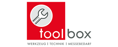 Toolbox Exposhop GmbH Rotes Quadrat mit grauem Kreis, darin ein Schraubenschlüssel. Daneben steht in Grau und Rot 'toolbox'. Darunter steht 'WERKZEUG | TECHNIK | MESSEBEDARF'.