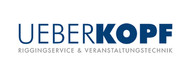UEBERKOPF GmbH Logo mit dem Schriftzug 'UEBERKOPF' in Großbuchstaben, wobei 'KOPF' fett gedruckt ist, darunter kleiner Text 'RIGGINGSERVICE & VERANSTALTUNGSTECHNIK'.