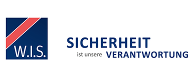 W.I.S. Sicherheit + Service GmbH & Co. KG Logo mit dunkelblauem Quadrat, rotem diagonalen Streifen und weißer Schrift 'W.I.S.' daneben der Text 'SICHERHEIT ist unsere VERANTWORTUNG' in Blau und Grau.