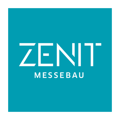 ZENIT-Messebau GmbH Weißer Schriftzug 'ZENIT MESSEBAU' auf türkisfarbenem quadratischem Hintergrund.