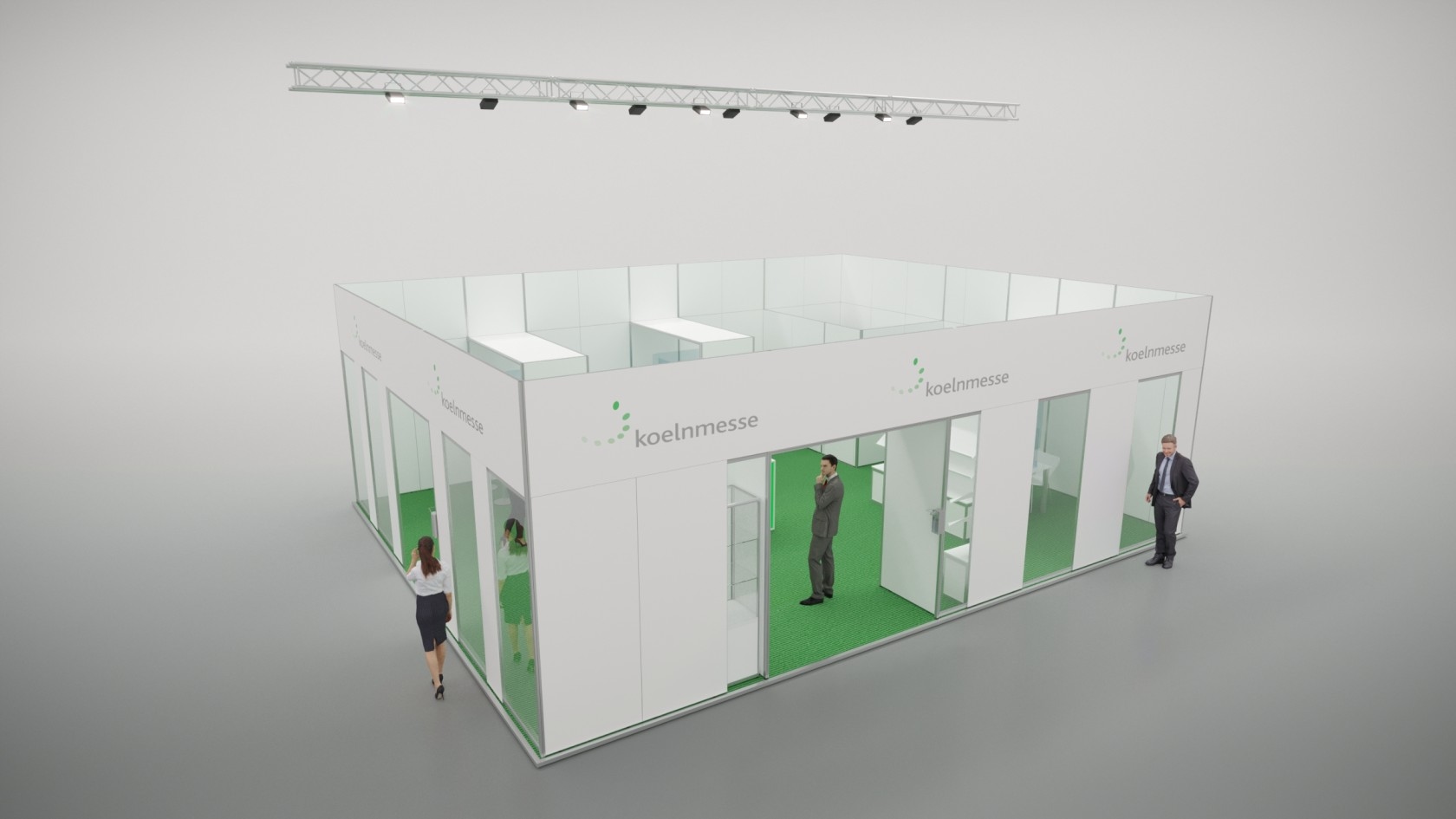 Closed Closed Standmodell: geschlossener Stand, abgehangene Beleuchtungstraverse, Empfangstheke und Stehtischgruppe