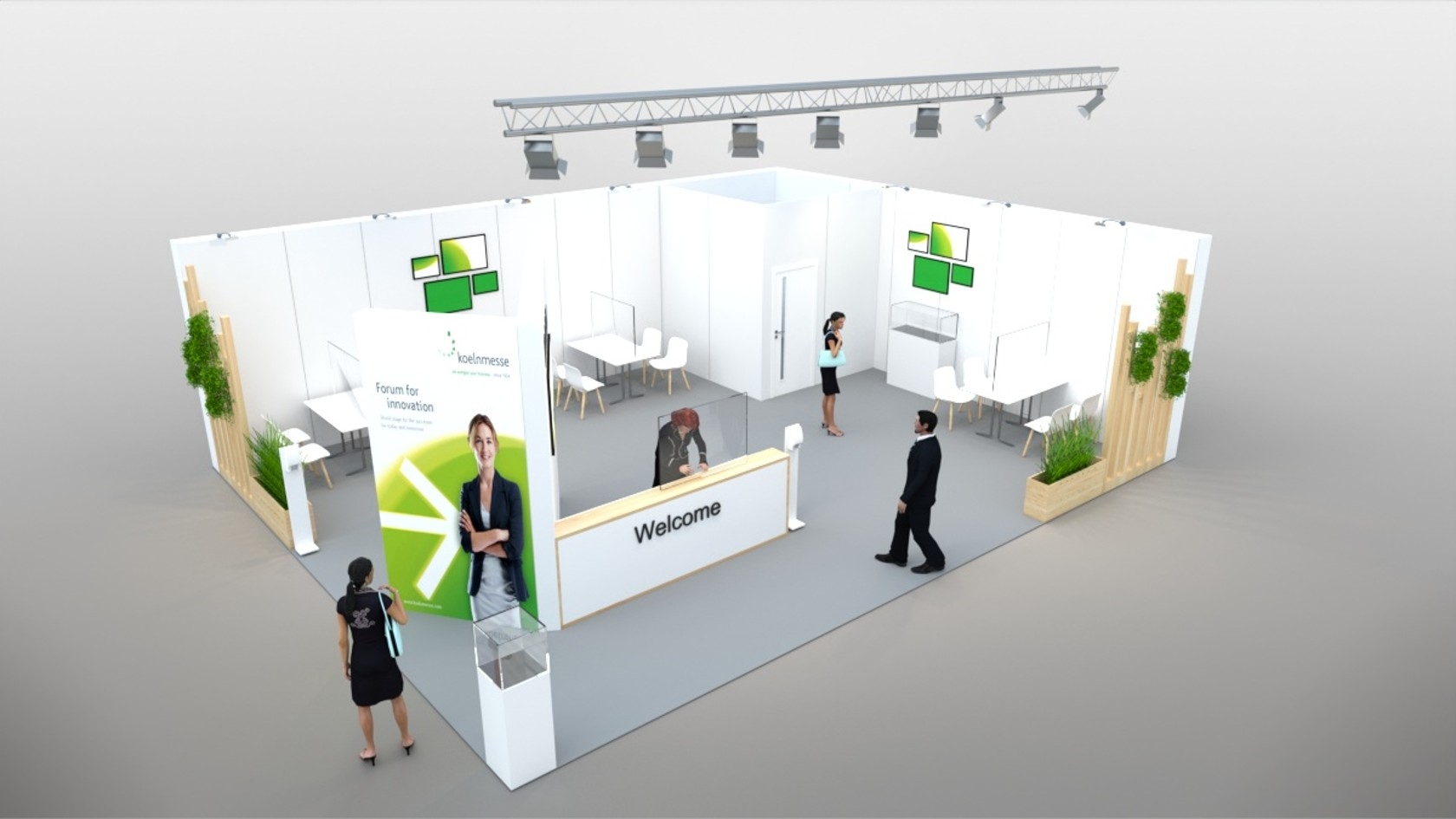 Cozy Cozy Stamdmodell: halb offener Stand, Vitrinenpodeste, Sitzgruppen, abgehängte Beleuchtungstraverse, Holzelemente, Pflanzbänke