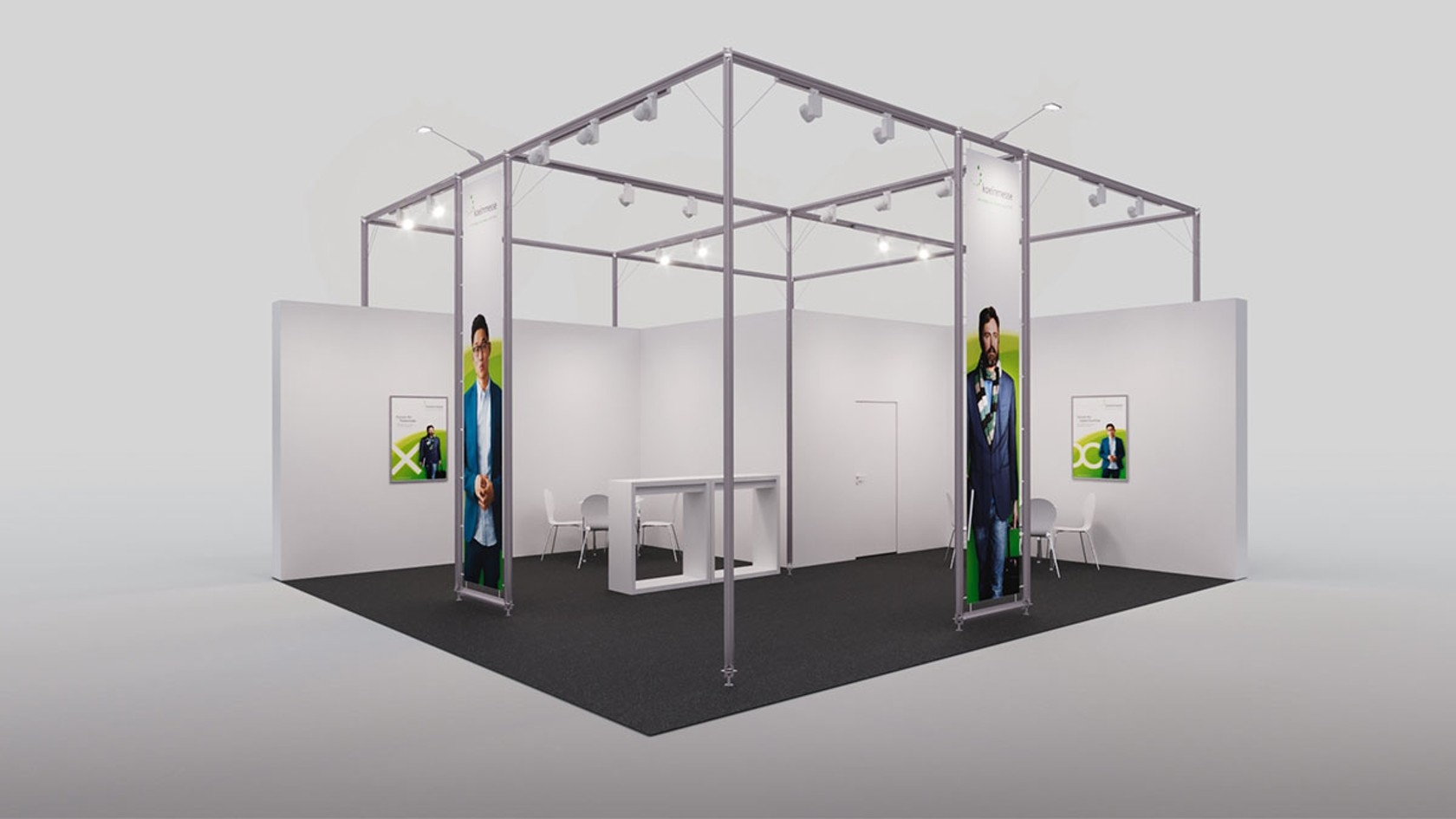 Frame Frame Standmodell: Aluminiumsystem mit Bannern, Counter als Raumtrenner, zwei Besprechungsbereiche