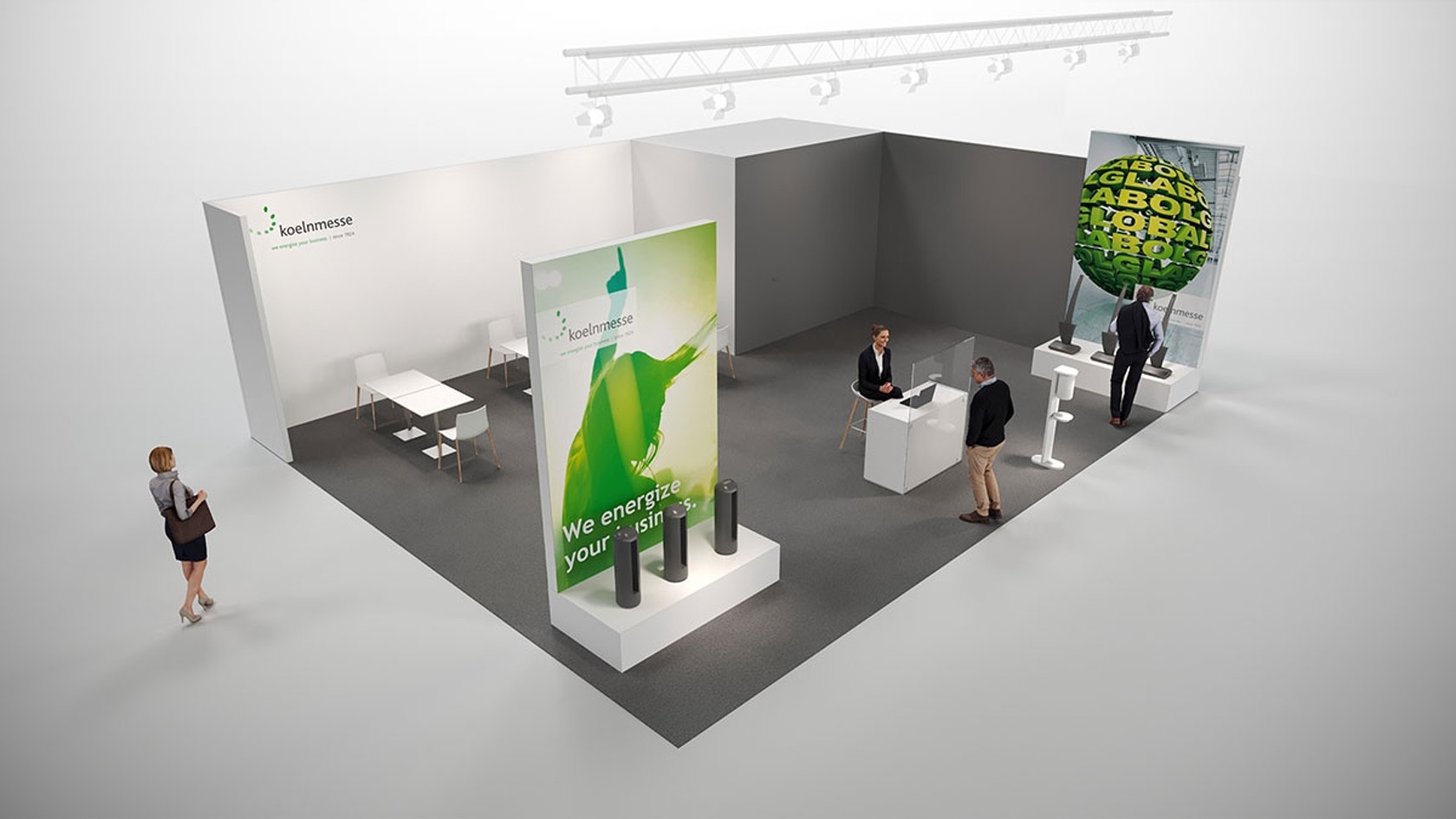 On-Display On-Display Standmodell: mehrere Produktpräsenter, abgehangene Beleuchtungstraverse, Empfangstresen und Besprechungsbereich