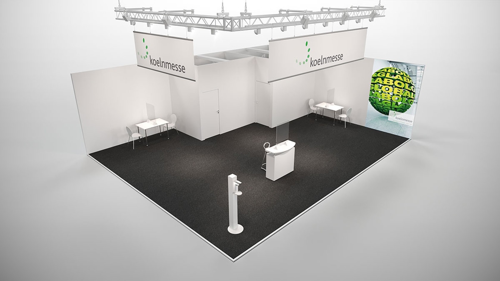 Pure Pure Standmodell: offener Stand mit abgehangenen Beleuchtungstraversen und Deckenbanner