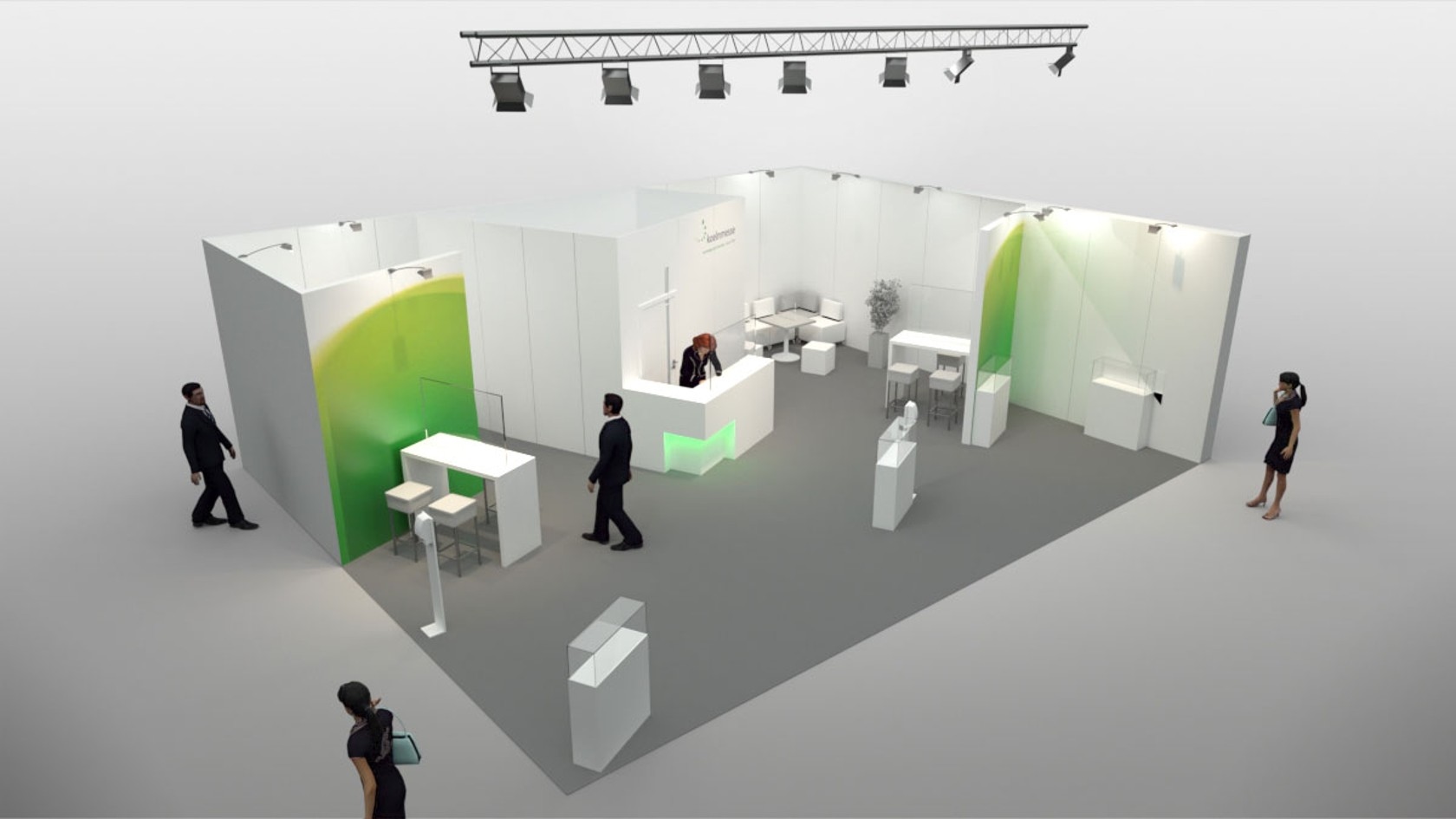 Slant Slant Standmodell: halboffener Stand, verschiedene Sitz- und Besprechungsmöglichkeiten, Strahler und Beleuchtungstraverse, Stoffbanner
