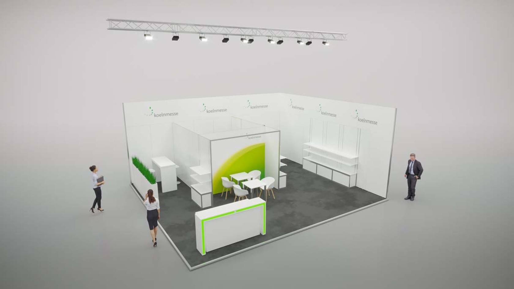 Wall Wall Standmodell: stützenfreier Stand, abgehängte Beleuchtungstraverse, Empfangstheke, Stehtisch, Pflanzkasten
