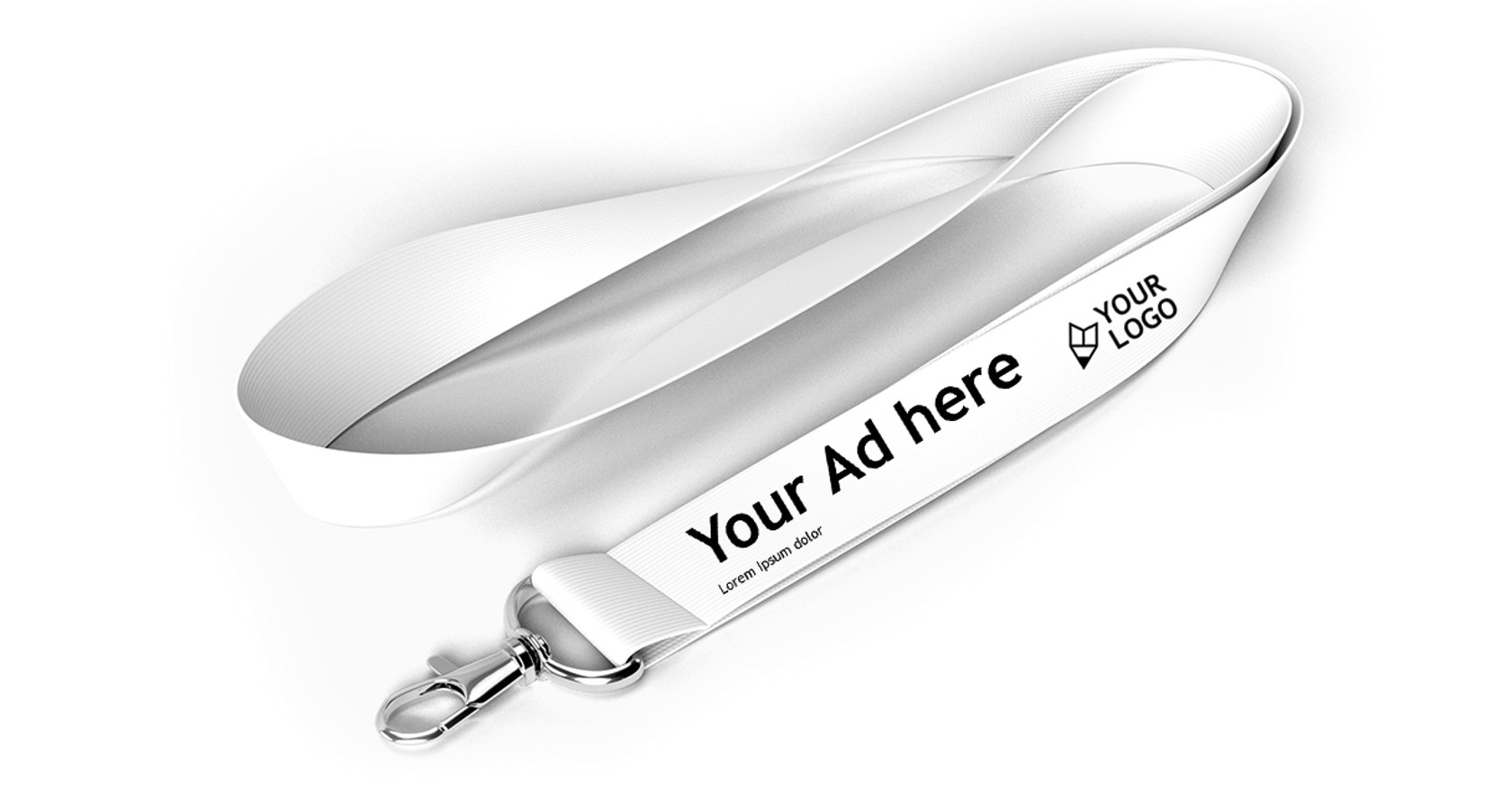 The Aisle is Yours Weißes Schlüsselband mit Metallkarabiner, bedruckt mit schwarzem Text 'Your Ad here' und kleinem Logo.
