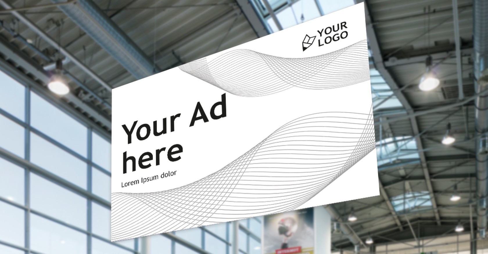 All In Package Zweiseitiges Textilbanner mit Wellenlinienmuster, Text 'Your Ad here' und 'Lorem Ipsum dolor', oben rechts ein Logo mit Würfelsymbol und Schrift 'YOUR LOGO'.